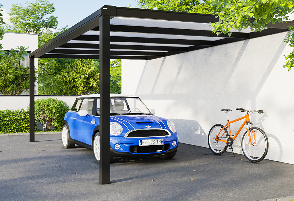 Carport adossé, auvent aluminium pour protection des voitures Skybox Outdoor Design Alsace