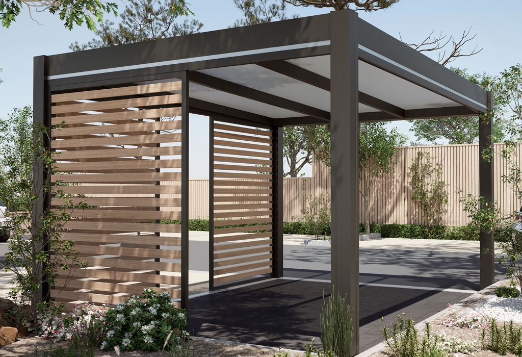 Carport aluminium et claustras bois indépendant Carbox Outdoor Design Alsace